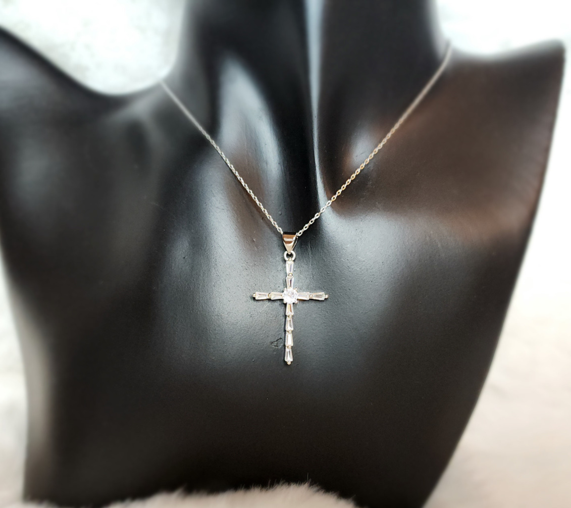 Fine Silver Plated Cubic Zirconia Round Pendant Necklace with Stud Earrings, Fine Silver Plated Cubic Zirconia Cross Necklace with Stud Earrings, Fine Silver Plated Cubic Zirconia Heart Necklace with Stud Earrings