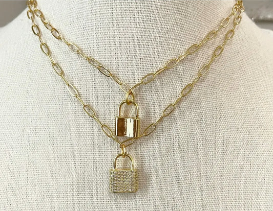 18k Gold Plated Lock Necklace with Paperclip Chain