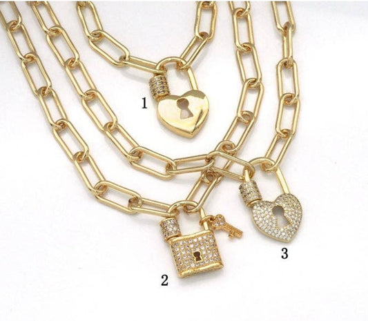 Paperclip Gold Lock Chain Necklaces